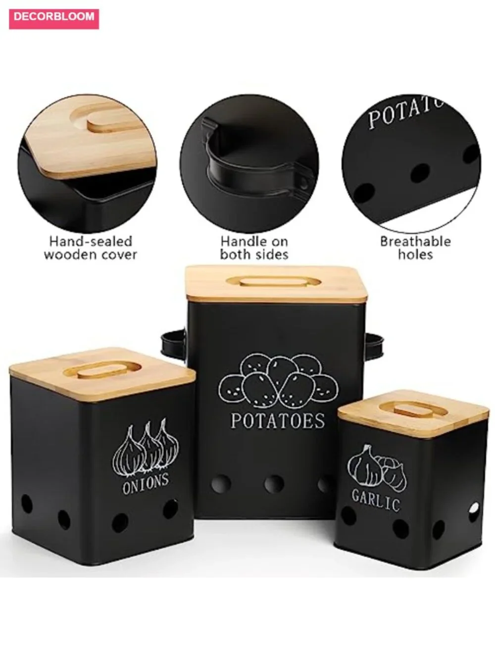 3 Pack Vegetable Storage Tins with Bamboo Lids, Potato Onion Garlic Canisters,